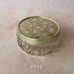 Vintage Pressed Glass Powder Vanity Jar with Pink and Silver Floral Lace Lid, MCM