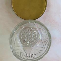 Vintage Pressed Glass Powder Vanity Jar with Pink and Silver Floral Lace Lid, MCM