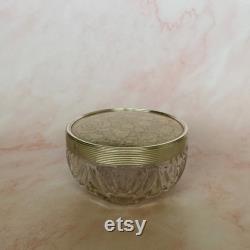 Vintage Pressed Glass Powder Vanity Jar with Pink and Silver Floral Lace Lid, MCM