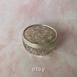 Vintage Pressed Glass Powder Vanity Jar with Pink and Silver Floral Lace Lid, MCM