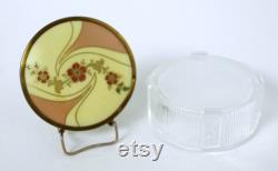 Vintage Pressed Glass Tulip Flower Dresser Vanity Power Jar with Floral Enamel Lid Circa 1950s Mid Century Art Deco Style Decor