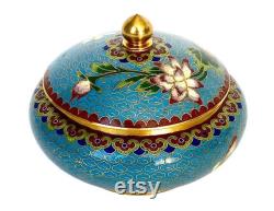 Vintage Pristine 1940's Cloisonné Powder Box, Chinese Enamel, Light Blue, Covered Enameled Jar
