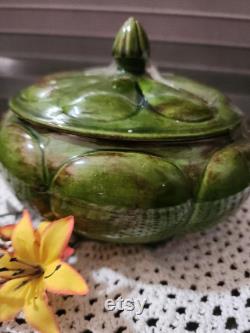 Vintage Pumpkin Shaped Handpainted Green Ceramic Powder Jar