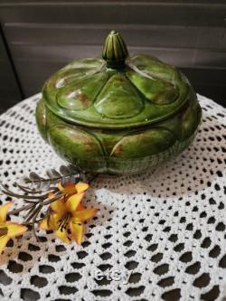 Vintage Pumpkin Shaped Handpainted Green Ceramic Powder Jar