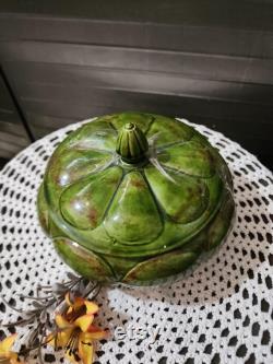 Vintage Pumpkin Shaped Handpainted Green Ceramic Powder Jar