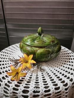 Vintage Pumpkin Shaped Handpainted Green Ceramic Powder Jar