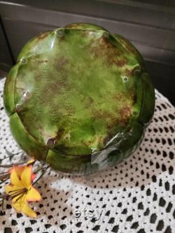 Vintage Pumpkin Shaped Handpainted Green Ceramic Powder Jar
