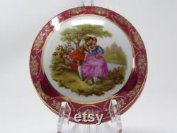 Vintage RH Limoges France Powder Vanity Trinket Box Burgandy and off white with gold accents with Victorian Courting Couple Depicted on Lid