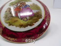Vintage RH Limoges France Powder Vanity Trinket Box Burgandy and off white with gold accents with Victorian Courting Couple Depicted on Lid