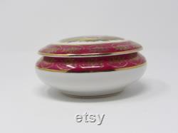 Vintage RH Limoges France Powder Vanity Trinket Box Burgandy and off white with gold accents with Victorian Courting Couple Depicted on Lid