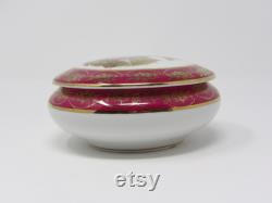 Vintage RH Limoges France Powder Vanity Trinket Box Burgandy and off white with gold accents with Victorian Courting Couple Depicted on Lid