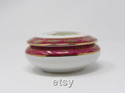 Vintage RH Limoges France Powder Vanity Trinket Box Burgandy and off white with gold accents with Victorian Courting Couple Depicted on Lid