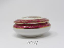 Vintage RH Limoges France Powder Vanity Trinket Box Burgandy and off white with gold accents with Victorian Courting Couple Depicted on Lid
