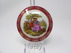 Vintage RH Limoges France Powder Vanity Trinket Box Burgandy and off white with gold accents with Victorian Courting Couple Depicted on Lid