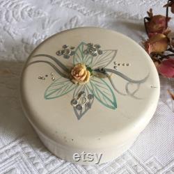 Vintage Ransburg Metal Powder Box with Hair Clips, Bobby Pins, Barette and Two Celluloid Combs. Great Trinket Collector Box for Dresser.