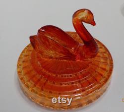Vintage Red Orange Jeanette Glass Powder Jar (40) Swan Lipstick Holder