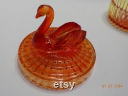 Vintage Red Orange Jeanette Glass Powder Jar (40) Swan Lipstick Holder