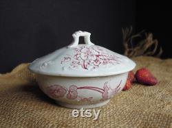 Vintage Red Transferware Lidded Jar English Transferware Red Staffordshire Apucini Pattern Vanity Jar Powder Box