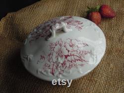 Vintage Red Transferware Lidded Jar English Transferware Red Staffordshire Apucini Pattern Vanity Jar Powder Box
