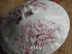 Vintage Red Transferware Lidded Jar English Transferware Red Staffordshire Apucini Pattern Vanity Jar Powder Box