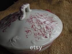 Vintage Red Transferware Lidded Jar English Transferware Red Staffordshire Apucini Pattern Vanity Jar Powder Box