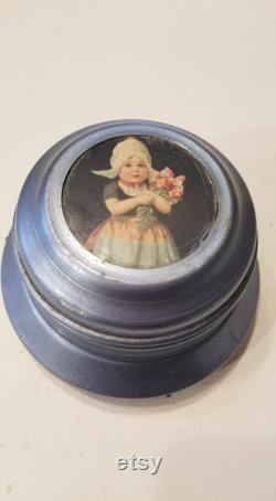 Vintage Retro Boho Mid Century MCM Wind Up Musical Women's Ladies' Metal Tin Delft Powder Box Holder Danish, Dutch, Holland Little Girl