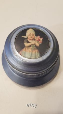 Vintage Retro Boho Mid Century MCM Wind Up Musical Women's Ladies' Metal Tin Delft Powder Box Holder Danish, Dutch, Holland Little Girl