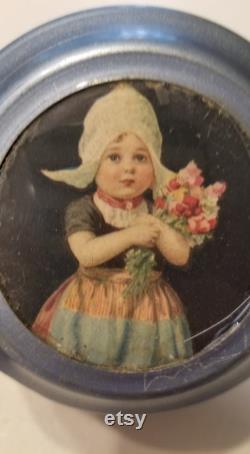 Vintage Retro Boho Mid Century MCM Wind Up Musical Women's Ladies' Metal Tin Delft Powder Box Holder Danish, Dutch, Holland Little Girl