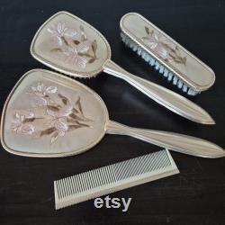 Vintage Rose Gold Embroidered Vanity 4 Piece Set Hand Mirror, Comb and Two Brushes