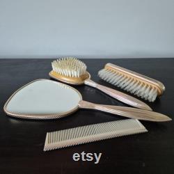 Vintage Rose Gold Embroidered Vanity 4 Piece Set Hand Mirror, Comb and Two Brushes