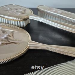 Vintage Rose Gold Embroidered Vanity 4 Piece Set Hand Mirror, Comb and Two Brushes