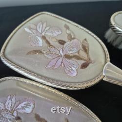 Vintage Rose Gold Embroidered Vanity 4 Piece Set Hand Mirror, Comb and Two Brushes