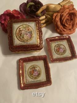 Vintage Rosenthal Chippendale vanity box ring dish, 3 piece Rosenthal Fragonard cigarette box, ornate porcelain Germany dressing table set