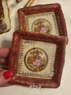 Vintage Rosenthal Chippendale vanity box ring dish, 3 piece Rosenthal Fragonard cigarette box, ornate porcelain Germany dressing table set