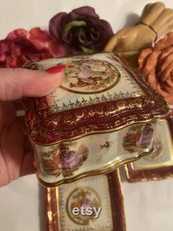 Vintage Rosenthal Chippendale vanity box ring dish, 3 piece Rosenthal Fragonard cigarette box, ornate porcelain Germany dressing table set