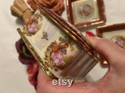 Vintage Rosenthal Chippendale vanity box ring dish, 3 piece Rosenthal Fragonard cigarette box, ornate porcelain Germany dressing table set