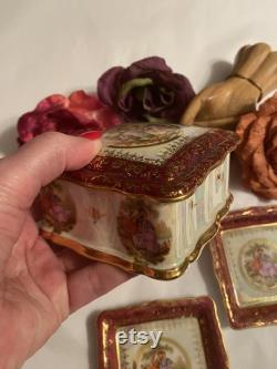 Vintage Rosenthal Chippendale vanity box ring dish, 3 piece Rosenthal Fragonard cigarette box, ornate porcelain Germany dressing table set