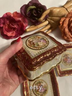 Vintage Rosenthal Chippendale vanity box ring dish, 3 piece Rosenthal Fragonard cigarette box, ornate porcelain Germany dressing table set