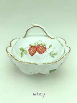 Vintage Rosina China Co. Queen's Fine Bone China England Virgina Strawberry Scroll Pattern 4 Powder Box Compact With Lid and Butterfly Motif
