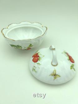 Vintage Rosina China Co. Queen's Fine Bone China England Virgina Strawberry Scroll Pattern 4 Powder Box Compact With Lid and Butterfly Motif