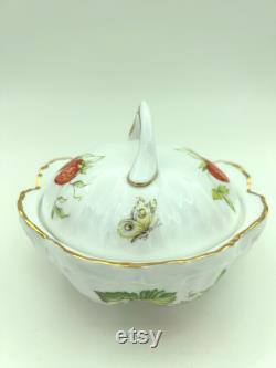 Vintage Rosina China Co. Queen's Fine Bone China England Virgina Strawberry Scroll Pattern 4 Powder Box Compact With Lid and Butterfly Motif