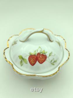Vintage Rosina China Co. Queen's Fine Bone China England Virgina Strawberry Scroll Pattern 4 Powder Box Compact With Lid and Butterfly Motif