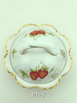 Vintage Rosina China Co. Queen's Fine Bone China England Virgina Strawberry Scroll Pattern 4 Powder Box Compact With Lid and Butterfly Motif