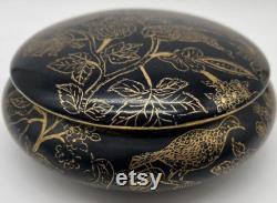 Vintage Round Black and Gold Dresser Vanity Powder Box Hand Painted Porcelain