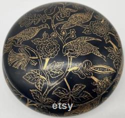 Vintage Round Black and Gold Dresser Vanity Powder Box Hand Painted Porcelain