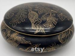Vintage Round Black and Gold Dresser Vanity Powder Box Hand Painted Porcelain