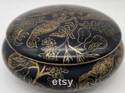Vintage Round Black and Gold Dresser Vanity Powder Box Hand Painted Porcelain
