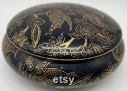 Vintage Round Black and Gold Dresser Vanity Powder Box Hand Painted Porcelain