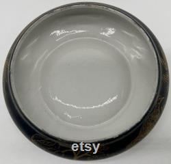 Vintage Round Black and Gold Dresser Vanity Powder Box Hand Painted Porcelain