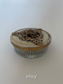 Vintage Round Clear Glass Vanity Powder Box With Gold Gilded Embellished Lid